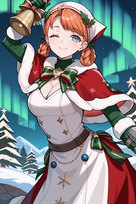 masterpiece, best quality, 1girl, solo,  <lora:feannette-illu-nvwls-v1-000005:1> wntAnne, orange hair, blue eyes, hair rings, braid, swept bangs, head scarf, red capelet, fur trim, green bowtie, white dress, cleavage, white and red skirt, vambraces, green gloves, christmas, holding bell, wink, smile, arm up, night sky, aurora, wide shot, standing