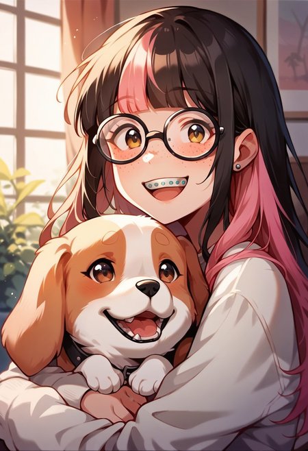 score_9, score_8_up, score_7_up, score_6_up,  <lora:p3tl0v3XLP:1> p3tl0v3, 1girl, 22yo, multicolored pastel hair, hime cut, thick glasses, freckles, braces, cute smile, pet beagle, kawaii, cute, living room