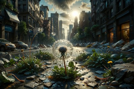 A single dandelion seed floats through the air, carried by the gentle breeze. It drifts past towering skyscrapers and bustling city streets, its delicate form a beacon of hope amidst the concrete jungle. The seed twirls and dances, guided by an unseen force, until it reaches a small, forgotten park. 
award winning artwork,
many details, extreme detailed, full of details,
Wide range of colors., Dramatic,Dynamic,Cinematic,Sharp details
Insane quality. Insane resolution. Insane details. Masterpiece. 32k resolution.
 <lora:add-detail-xl:0.95> <lora:casting shadow style v2:0.1> casting shadow style, cucoloris patterned illumination <lora:CinematicStyle_v1:0.1> <lora:Disturbia:0.1> <lora:dvr-lnds-sdxl:0.1> dvr-lnds-sdxl <lora:Glowstick_SDXL:0.1> mad-glowstick <lora:MJ52:0.2> <lora:princess_xl_v2:0.1> <lora:ral-anmwrlds-sdxl:0.1> ral-anmwrlds <lora:ral-apoctvisn-sdxl:0.1> ral-apoctvisn <lora:ral-cltc:0.1> ral-cltc <lora:ral-dissolve:0.1> ral-dissolve <lora:ral-ertmsphr:0.1> ral-ertmsphr <lora:ral-fluff:0.1> ral-fluff <lora:ral-fntsyrlms-sdxl:0.1> ral-fntsyrlms <lora:ral-mtclniscp-sdxl:0.1> ral-mtclniscp <lora:ral-porcelain:0.31> ral-porcelain <lora:ral-pxlprtcl:0.1> ral-pxlprtcl <lora:ral-vlntxplzn:0.1> ral-vlntxplzn <lora:ral-vbrntacyl-sdxl:0.1> ral-vbrntacyl