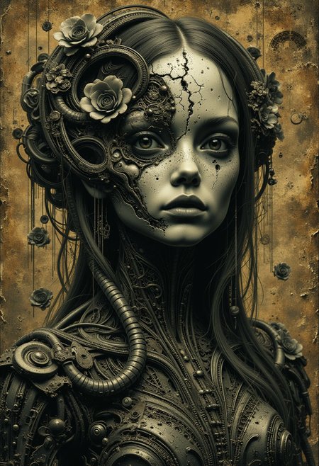 Create an intricately detailed, hyper-realistic portrait of an aging, cracking, and broken Victorian-era porcelain and paper-mâché doll depicting a wise woman. A prominent crack with a hole adorns her forehead, adding an unsettling and eerie aura to her visage. Her eyes are completely black, resembling deep voids that seem to hold ancient secrets and untold stories. She is set against a backdrop of aged, yellowed parchment, its worn textures complementing her own decaying appearance. Her ornate, Victorian-inspired gown is adorned with delicate, hand-crafted paper flowers, their petals unfolding like tiny, intricate sculptures—some torn and weathered by time.
The overall aesthetic blends Luis Royo's dark, mystical realism with Artgerm's meticulous attention to detail and H.P. Lovecraft's eerie, otherworldly sensibilities. Ambient light casts dramatic shadows across her face, accentuating the aging textures of the paper-mâché and the luminous yet cracked porcelain-like skin. The delicate, swirling patterns of the gown's aged embroidery are highlighted, emphasizing the craftsmanship of a bygone era. Wisps of faded lace and frayed edges add to the haunting beauty of the scene. The atmosphere exudes haunting elegance and creeping unease, capturing the duality of beauty and decay in a single, mesmerizing image.
