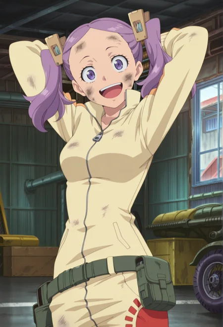 anime screenshot, anime screencap, anime coloring, 1girl, 1girl, purple hair, purple eyes, forehead, twintails, hair ornament, track suit, belt, pouch, indoors, garage, dirty face, hands behind head, head tilt, laughing,   <lora:wahanly_seikishi:1>, masterpiece, best quality, amazing quality, very aesthetic, absurdres, highres, newest