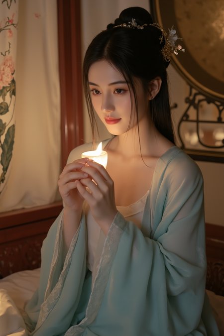 <lora:ãéº¦æ©éè¡£ãMajicflus:0.7>, qingyi, In the intimate glow of flickering candlelight, a delicate young Chinese woman with an oval face and soft, elegant features is captured in a close-up view as she sits gracefully on an ornate red-lacquered canopy bed. Her loosely tied bun lets a few damp strands of hair fall gently around her flushed cheeks, framing her shy yet expectant expression. Draped in a sheer, cyan hanfu, the translucent fabric clings softly to her shoulders and upper body, revealing the gentle contours of her collarbones and chest under the warm, golden light. Her fingers rest lightly on her lap, adding a sense of poise and quiet anticipation. The blurred background hints at silk drapes embroidered with peonies and a glowing bronze mirror, enhancing the romantic ambiance of the bridal chamber. The focus remains on her face and upper body, exuding a dreamlike beauty and the tender longing of awaiting her beloved.âââ
