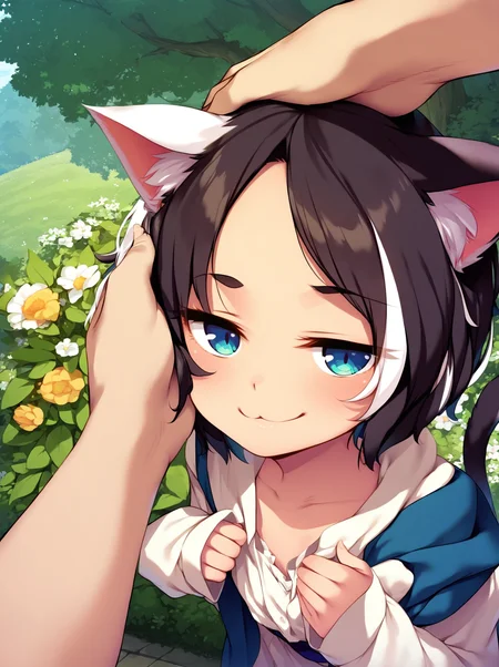 score_9, score_8, score_7, best quality, masterpiece, uncensored, source_anime, None
BREAK
1girl, male pov, smug, headpat, hand on another's head, cat ears, cat tail, streaked hair, standing, outdoors, detailed background 
<lora:ke-ta_pony_v4-000010:1>
