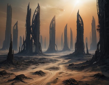 The skeletal remains of skyscrapers, stripped bare by relentless winds and scorching suns, cast long shadows over the alien sands, each fragment telling a story of a world that dared to dream big in the void between stars, b3ks1n