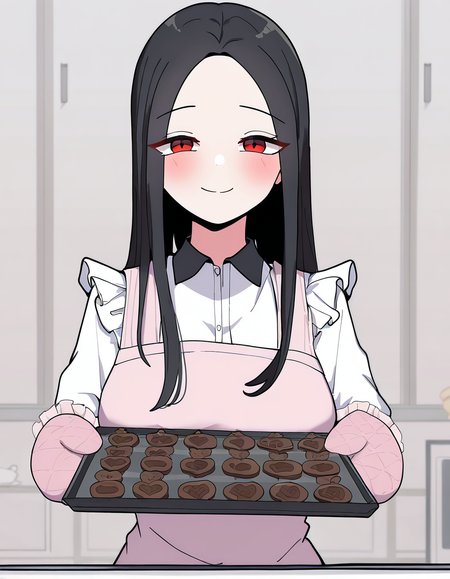 masterpiece, best quality, newest, absurdres, highres, safe,, <lora:yoo-jae-kyung-manhwa-illustriousxl-lora-nochekaiser:1>, yoo jae-kyung, long hair, large breasts, black hair, red eyes, forehead,, <lora:baking-cookies-ponyxl-lora-nochekaiser:1>, baking cookies, looking at viewer, blush, smile, gloves, holding, frills, food, indoors, apron, chocolate, cookie, oven mitts,, , cowboy shot, solo