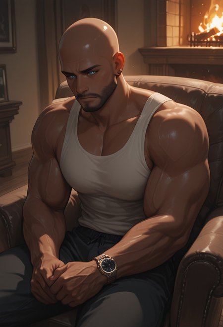 masterpiece, best quality, amazing quality, absurdres, newest, detailed background, definition so sharp, Ultra-HD, 8K cinematic, very awa, impressionate, amazing quality, highres, 
1boy, mbti_estj, muscular man, mature man, bald, dark skin, facial hair, blue eyes, watch, solo, fireplace, warm glow, cozy atmosphere, relaxed, sitting, comfortable chair, contemplation, soft shadows, warm tones, inviting, tranquil, home interior, high quality, aesthetic