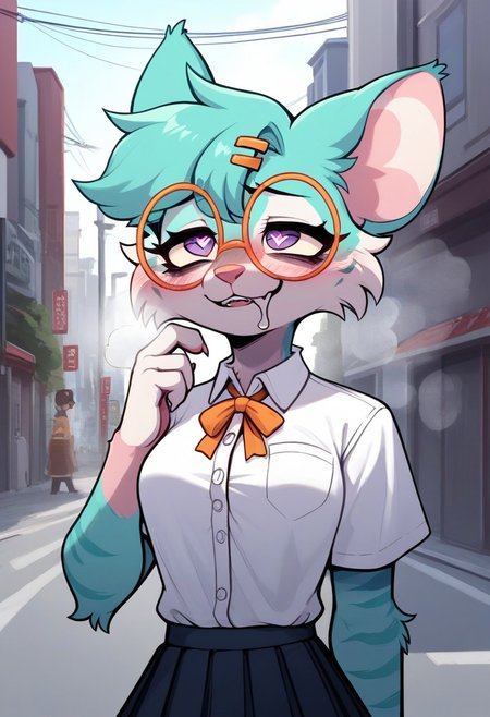 (source_furry, source_cartoon, score_9, score_8_up, score_7_up, score_6_up, score_5_up, score_4_up), BREAK solo, 1girl, furry, berrsea, dog, pink nose, hair tuft, purple eyes, eyelashes, (chimera fur, (left half of body pink fur), right half of body aqua fur, stripes, striped fur), claws, smug, bags under eyes, blushing, steam, parted lips, heavy breathing, perverted look, heart pupils, drool, orange glasses, round eyewear, hairclips, button up shirt, ribbon, pleated skirt, outdoors, urban environment, medium-shot, portrait