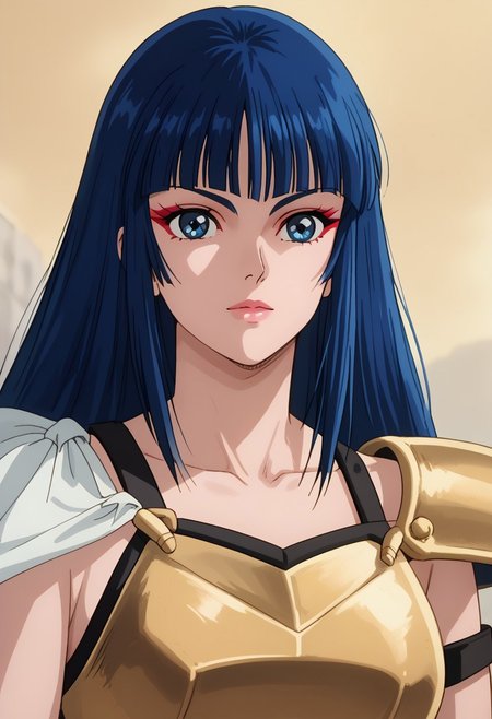 score_9, score_8_up, score_7_up, realistic, fine anime screencap_xl, anime screencap, ladykayura, kayura, ronin warriors, solo, 1girl, retro, blue hair, 1980s (style), bangs, long hair, blue eyes, portrait, makeup, armor, shoulder armor, gloves, swords