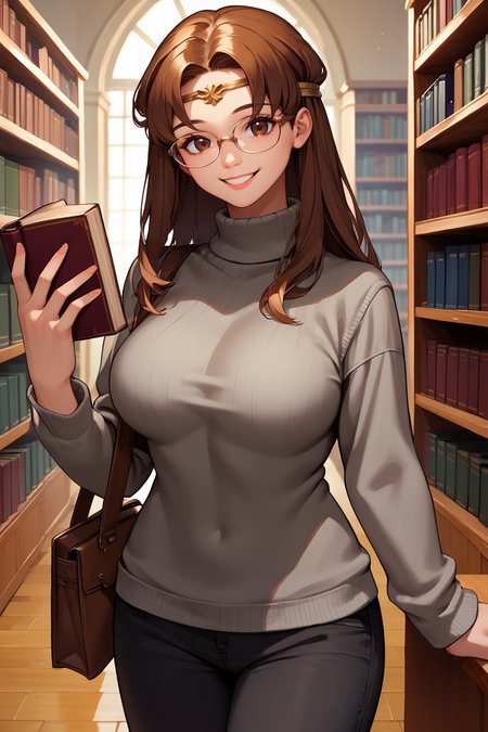 score_9, score_8_up, score_7_up, score_6_up, source_anime, BREAK 1girl, <lora:feelen-pdxl-nvwls-v1-000005:1> elen, brown hair, grey sweater, turtleneck, black pants, glasses, library, smile, looking at you, holding book, large breasts, circlet
