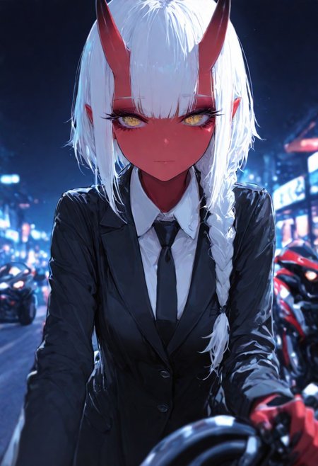 (EyesHD:1.2), (4k,8k,Ultra HD), masterpiece, best quality, ultra-detailed, very aesthetic, sharp focus, depth of field, ray tracing, best lighting, detailed illustration, detailed background, cinematic, beautiful face, beautiful eyes, 
BREAK
ambient occlusion, raytracing, soft lighting, blum effect, masterpiece, absolutely eye-catching
BREAK
masterpiece, amazing quality, best quality, ultra-detailed, 8K, illustrating, CG, bioluminescent skin, ultra-detailed-eyes, detailed background, cute girl, eyelashes, lowlight
BREAK
(sexy, slutty, hot, aroused) 
Aka-Oni, oni, colored skin, red skin, straight horns, 
BREAK
1girl, solo, necktie, shirt, white shirt, black necktie, collared shirt, ground vehicle, dark, night, formal, suit, motor vehicle, black jacket, black coat, jacket,  eyelashes, moto bike, soft eyes,
single braid, makeup, unbuttons, white hair,