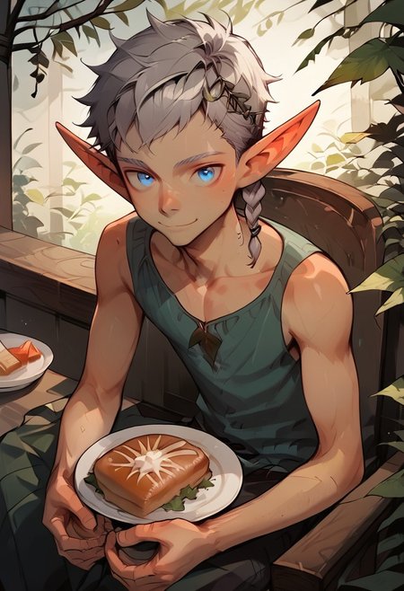 score_9, score_8_up, score_7_up, ultra detailed, anime_source,amazing quality, best aesthetic,
flat color,HD32k, Uncensored  ,BREAK,
1boy,solo,male focus,thin body,fair skin , Novice elf  boy,pointy ears, silver hair short,  side braid ,collarbone, blue eyes,look at view,sitting on chair,eating lunch,bread, soup, cup, plate, detailed face,light smile,
indoor,
dining room ,
table,