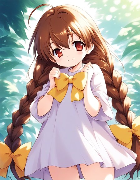 score_9, score_8_up, score_7_up, source_anime, rating_explicit, BREAK  <lora:Pasocom_Paradise_2001.8_XL:0.9> Pasocom_Paradise_2001.8, very long hair, twin braids, ahoge, bangs, brown hair, red eyes, hair between eyes, Yellow bow, short stack,
smile,
looking at viewer, 
cowboy_Shot,