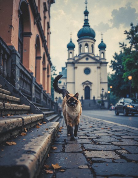 A humorous and surreal outdoor scene featuring a black and white siamese cat confidently walking on a sloped stone staircase. The backdrop includes the iconic Kazansky Cathedral in Saint Petersburg, framed by a slightly overcast sky, creating a soft and muted color palette. The cat is mid-stride, exuding an air of confidence and poise as its tail balances its movement. 
The foreground showcases the light beige tones of the stone staircase and railing, with subtle wear and texture. The Kazansky Cathedral dominates the middle ground, its intricate dome and collonade visible in detail, contributing to the grandeur of the composition. The atmosphere is calm, with distant trees and light traffic faintly visible in the background, adding depth and context to the whimsical moment.