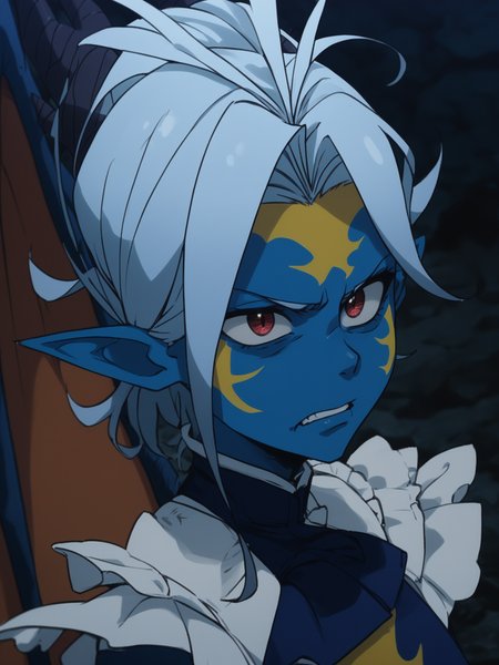 <lora:happy_tentacle-giselle-v0.2:1>, ht_giselle, 1girl, colored skin, blue skin, dragon wings, dragon tail night sky , portrait , , ( disgust , pursed lips :1.1), looking up , score_9, score_8_up, score_7_up, score_6_up, score_5_up, score_4_up