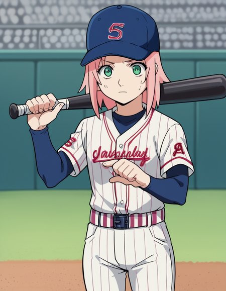 score_9, score_8_up, score_7_up, source_anime, <lora:sakura-haruno-s1-ponyxl-lora-nochekaiser:1>, sakura haruno, medium hair, green eyes, pink hair, parted bangs,, <lora:baseball-uniform-ponyxl-lora-nochekaiser:1> baseball uniform, baseball, striped belt, shirt under shirt, sportswear, ribbed shirt, baseball helmet, baseball bat, baseball jersey, baseball field, holding baseball bat,, , cowboy shot,