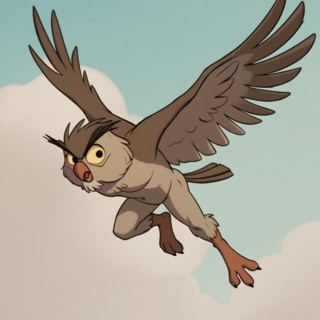 score_9, score_8_up, score_7_up, score_6_up, score_5_up, score_4_up, source_furry, Archimedesowl, anthro, male, owl, brown feathers, yellow sclera, black eyes, flying, wings
