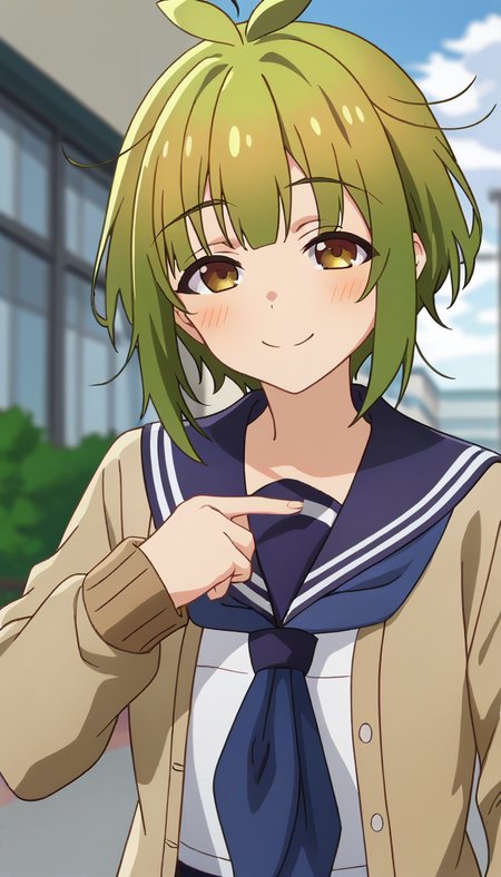 score_9,score_8_up,score_7_up,score_6_up BREAK official art,solo,outdoors,upper body,(portrait:1.5),looking at viewer,facing viewer,smile,blush,Bashame Meme,ahoge,antenna hair,short hair,green hair,messy hair,sidelocks,bangs,brown eyes,school uniform,brown cardigan,open cardigan,blue sailor collar,blue neckerchief,white shirt,long sleeves,blue skirt,pleated skirt,white socks,loafers,brown footwear,<lora:Bashame Meme(snk)-Pony:1.4>,