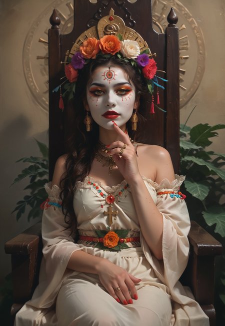 masterpiece,best quality, highly detailed, score_9, score_8_up, score_7_up, score_6_up,source_anime, 
BREAK, 1girl, throne, festival costume, makeup, old traditional  vibes,Dias de los Muertos Parade,cross legged pose, 
