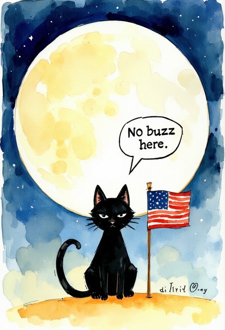 Watercolor painting of a black cat on the surface of the moon next to an American flag. Speech bubble "No buzz here"