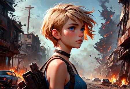 1girl, Masterpiece, 4k, ultra high detail, score_9, score_8_up, score_8, 18yo, petite, medium breast, short blonde hair, fcNeg, stunning blue eyes, freckles, white skin, small nose, innocent beauty, slim face,  skinny petite body, 
Torn sport clothes
Fear in her eyes, crying, 
Sideview,  Apocalyptic scene, burning skyscraper, burning city, derstroyed cars, a huge asteroid swarm in the sky, 
Many asteroids in the sky, 
End of the World, 
negative_hand, NightScapes,
