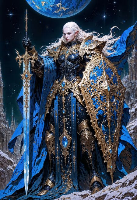 a powerful female warrior standing in an imposing pose. She has long, flowing white hair and pale skin, with a determined expression. Her armor is intricately designed with ornate blue and silver patterns, covering her torso and limbs. She holds a large, glowing blue sword in her right hand and a massive shield in her left, both adorned with elaborate designs. The background showcases a futuristic cityscape under a starry sky, with a large planet visible above. The overall color scheme is dominated by shades of blue and silver, creating a mystical and otherworldly atmosphere. oil-painting, romanticism, painting, elegance, opulence, beautiful, painterly, detailed, textural, artistic, aesthetic, intricate details, highly detailed, vivid, vibrant, mythp0rt, DB4RZ, DB4RZ style painting