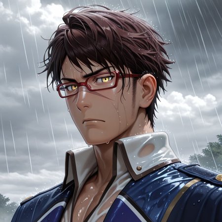 masterpiece, best quality, amazing quality, absurdres, newest, detailed background, definition so sharp, Ultra-HD, 8K cinematic, very awa, impressionate, amazing quality, highres, 
solo, male focus, manly, mature male, bara, cloud, grey, rain, wet,
goukizenjou, gouki_brunette, gouki_yellow eyes, 1boy, short hair, sideburns, face scar, red-framed eyewear, blue coat, white collared shirt, serious face, wet clothes, looking at viewer, dynamic angle