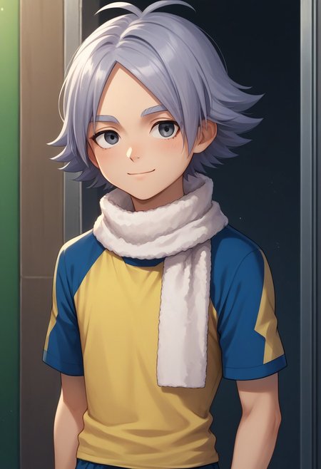 score_9, score_8_up, score_7_up, source_anime, highly detailed, 
fubuki, 1boy, male focus, solo, grey hair, grey eyes, sportwear, raimon, raimon soccer uniform, shirt, yellow shirt, short sleeves, raglan sleeves, shorts, blue shorts, upper body, slender, skinny, scarf, white scarf, smile, shy,
outdoor,