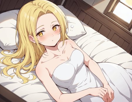 score_9, score_8_up, score_7_up, source_anime, <lora:nanatsu-elaine-s2s3-ponyxl-lora-nochekaiser:1>, elaine, long hair, blonde hair, yellow eyes,, dress, white dress, collarbone, bare shoulders, sun dress,, indoors, bed, bed room, on side, blush, drunk, looking at viewer, solo,, cowboy shot, dutch angle