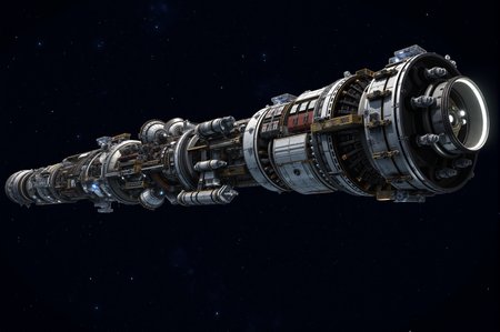 <lora:SpaceCraft_v.1:0.8> SPCCRFT style. A massive deep-space vessel drifts silently through the cosmos, its intricate and heavily-industrialized design embodying a fusion of advanced engineering and rugged functionality. The elongated, cylindrical structure is densely packed with modular components, exposed mechanical frameworks, and an array of complex piping and conduits that suggest a highly specialized purpose, possibly for long-range exploration, deep-space research, or military operations. The forward section features an array of extended antenna-like structures, meticulously arranged to enhance communication, navigation, and long-distance scanning capabilities. The shipâs surface showcases a wealth of mechanical details, including reinforced hull plating, docking ports, and maintenance hatches, all interconnected through a network of ladders, catwalks, and access corridors that convey a sense of scale and operational complexity. Various sections of the vessel are illuminated by small clusters of artificial lights, casting a cool, sterile glow over the intricate metalwork, highlighting the vessel's immense size against the backdrop of deep space filled with distant stars. The aft section houses powerful thrusters encased in structural bracing, suggesting an advanced propulsion system capable of navigating the vast emptiness with precision and efficiency. Additional external modules, such as spherical containment units and mechanical arms, add to the ship's utilitarian aesthetic, reinforcing its multi-purpose capabilities. The design follows a photorealistic sci-fi art style, focusing on high-detail texturing, dynamic lighting, and a complex interplay of geometric forms that create a visually striking composition. The dramatic perspective and meticulous detailing evoke themes of exploration, endurance, and mankindâs relentless pursuit of the unknown depths of the universe.