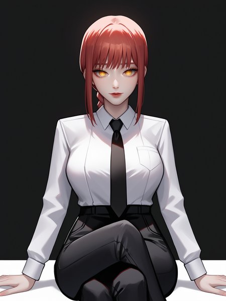 score_9, score_8_up, score_7_up, score_6_up, score_5_up, score_4_up,
BREAK
makima \(chainsaw man\), red hair, yellow eyes, braid, looking at viewer,
BREAK
sitting, crossed legs, large breasts, white collared shirt, black pants,
BREAK
black background, <lora:Lunas-Kidmo-SDXL-A1:1>