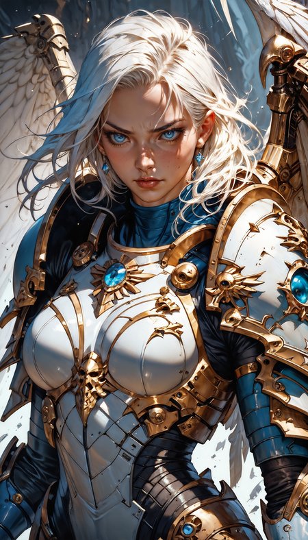 score_9, score_8_up, score_7_up,  1girl, armor, weapon, wings, solo, shoulder armor, blue eyes, pauldrons, white hair, looking at viewer, power armor   <lora:Expressive_H-000001:0.8>, expressiveH       <lora:Fant5yP0ny:0.9> <lora:Pony_DetailV1.0:0.9>