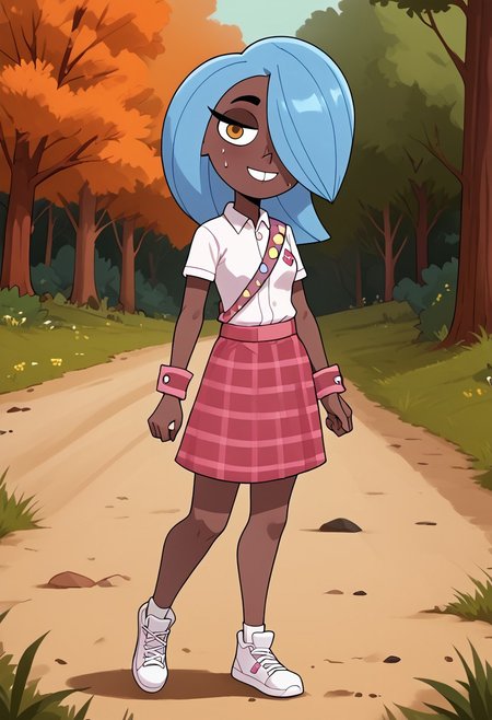 score_7_up, 1girl, erin_cc, dark complexion, one amber eye, one light blue eye, medium length blue hair, hair covering left eye, Scout uniform, white short-sleeved shirt, pink cuffs, pink sash  with badges,  pink flannel skirt,  dark-purple and white sneakers, sensual, curvy, standing, in the woods, outdoors, nature, hike, sweat, looking at viewer, feminine, artistic effects, smiling, unbutton, breasts