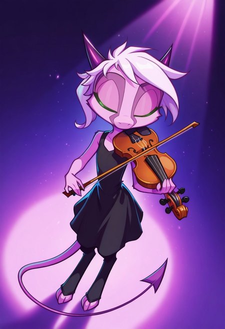 Dreamkeepers,1girl,Prelude_Namah,solo,demon tail, green eyes, horns, 
child,
masterpiece, best quality, newest, absurdres, highres, vibrant, highly detailed, very aesthetic, (violin, playing violin:1.4), beautiful, closed eyes, , black dress,  spotlight, stage performance