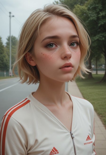 score_9, score_8_up, score_7_up, score_6_up, score_9, score_8_up, score_8, (portrait), 1 girl, 18 year old girl, ((mean expression, closed lips)), leu_hanna2, ((freckles)), blonde short hair, flat chest, perfect round boobs , cute sweet girl, beautiful woman , slim legs, pouty lips, dynamic view, blush, 
shy, arched back, wearing sport outfits, jacket, park