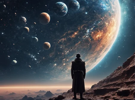 It is a being made of billions of tiny gemstones; he resembles either a woman or a man.
This being is called Rendomriin.
Rendomriin is extremely powerful, proud, and arrogant, but it is also fair and impartial.
it is currently watching a magical planet from space, wondering whether or not to destroy it. view from space, deep space scenery, side view, in the picture described Rendomriin watching a planet from space.
 <lora:FC Flux Perfect Busts:1.7> <lora:extremely_detailed:1.9> <lora:å·¨ç¥_FLUX_lora_v1:1.8> <lora:Realistic-Fantasy-style_flux1D_LOREVER:1.4> <lora:spacemerge1:1> <lora:ymnmpi196a29e8950n39e6:1.6>