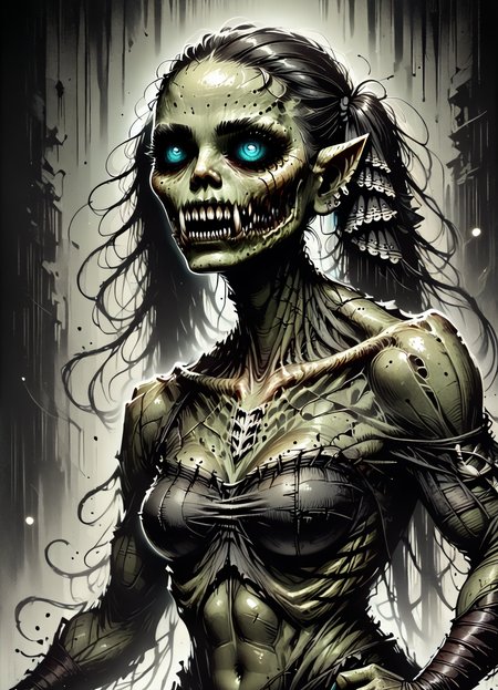 DonMB01dD4rkXL score_9, score_8_up, score_7_up, score_6_up, female  orc, fictional humanoid creature, robust muscular build, green skin, prominent fangs, brutish, , fantasy, formidable  rating_safe   <lora:DonMB01dD4rkXL-pony:1>
