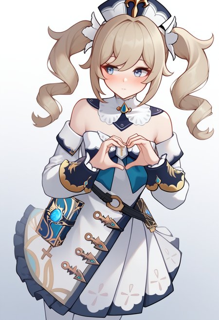 score_9,score_8_up,score_7_up,<lora:barbara_pony:1>,book_holster, detached_collar, white_pantyhose, barbara_\(genshin_impact\), 1girl, detached_sleeves, white_sleeves, twin_drills, solo, looking_to_the_side, highres, blush, white_dress, bare_shoulders, heart_hands