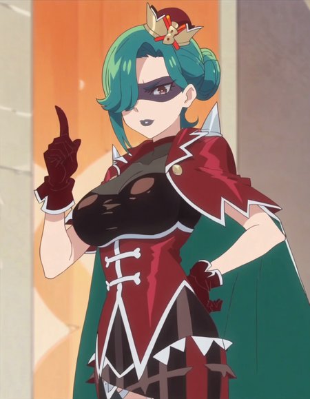score_9, score_8_up, score_7_up, anime screencap, solo,1girl,  gloves, cape, green hair, mask, skirt, hair over one eye, hand on hip, red gloves, short hair, looking at viewer, crown,large breasts,cowboy shot,black lipstick,<lora:Secretoru:0.8>