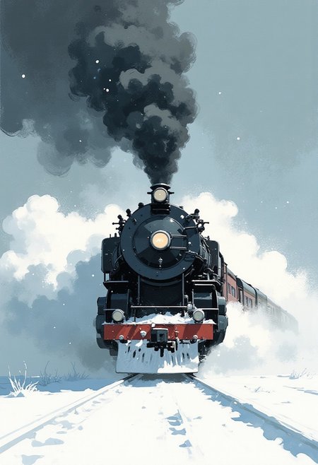 A stylized illustration captures the dramatic front view of a vintage train battling its way through a fierce blizzard.  Dark, billowing smoke pours from the locomotive's chimney, struggling against the swirling snow and wind, almost mirroring the chaotic motion of the storm itself.  The train, a classic design perhaps from the steam era, is depicted with strong, expressive brush strokes, giving it a sense of dynamic movement and energy.  The blizzard rages around the train, with thick, textured strokes representing the heavy snowfall and the biting wind.  Visibility is likely poor, with the train's headlamp barely piercing the whiteout, adding to the sense of danger and isolation.  The color palette could be limited, perhaps focusing on shades of grey, white, and black to emphasize the harshness of the weather, with perhaps a touch of warm color from the train's lights or windows to provide a focal point.  The stylized nature of the illustration allows for a degree of abstraction, emphasizing the mood and atmosphere of the scene over strict realism.  The overall effect is one of a powerful struggle against the elements, a lone machine pushing forward against the fury of nature, conveyed through the expressive brushwork and dynamic composition.
stylized illustration, brush strokes, sr3fmj, Anime, Niji, artipencil01