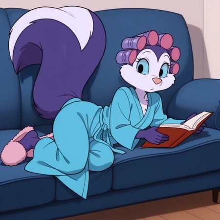 masterpiece, best quality, amazing quality, fifittail, anthro, female, skunk, purple fur, purple hair, black eyes, blue sclera, blue robe, blue pants, pink slippers, hair rollers,, lying, on couch, reading book