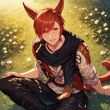 1 boy, solo, G'raha Tia, hair ornament, miqo'te, slit pupils, braided ponytail, red eyes, animal ears,  x hair ornament, red hair, cat ears,  braid, neck tattoo, swept bangs, white shirt, black cargo pants, black scarf, dutch angle, sitting on a green lawn, park, rabbits, holding a rabbit, happy expression, 
score_9, score_8_up, score_7_up, (masterpiece, best quality, very aesthetic, ultra detailed), intricate details, detailed eyes, detailed background, granblue_fantasy_style_xl, expressiveh, light from above, shiny skin, oiled skin,