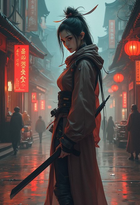 masterful color and ink wash painting of cinematic xianxia scene in cyberpunk setting