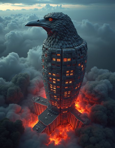 3D Ray Tracing conception, a 350 floors tall world's tallest futuristic  novelty architecture mausoleum/tomb shaped like a hairy crow, set in a Macanese traditional envisionment of Hell.