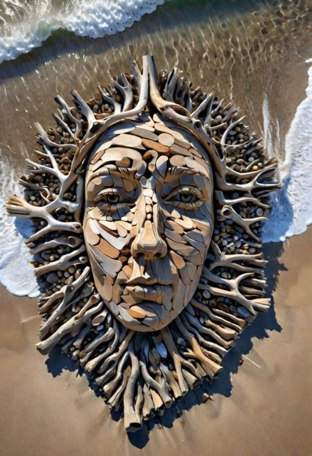 (drift wood washes up on the shore, all the tiny parts of drift wood form together to create a perfect  shape of a Driftwood Face on the shore), abstract, 3d render, strong, insanely intricate details, (masterpiece), breathtaking natures art work
