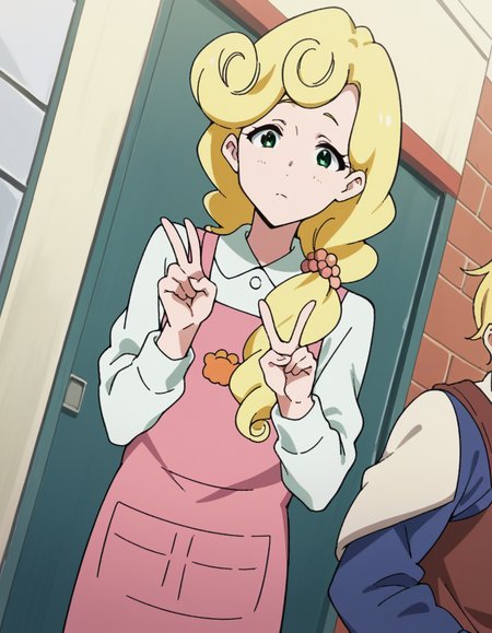 score_9, score_8_up, score_7_up, source_anime, <lora:kaori-hanase-s1-ponyxl-lora-nochekaiser:1>, kaoru hanase, long hair, blonde hair, hair over shoulder, green eyes, curly hair, otoko no ko,, apron, shirt, collared shirt, long sleeves, pink apron, denims, pants,, crosswalk, people, street, white lines, traffic, , v,, looking at viewer, solo,, dutch angle, cowboy shot