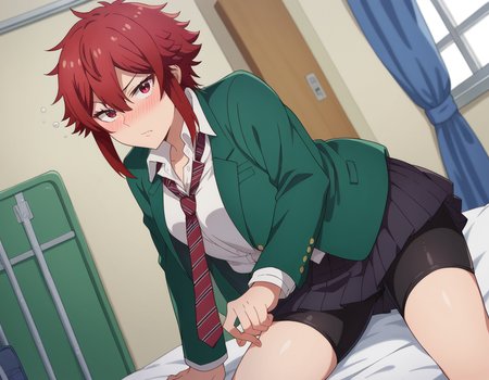 score_9, score_8_up, score_7_up, source_anime,
tomoaizawa, <lora:tomo-aizawa-ponyxl-lora-nochekaiser:1>,
tomo aizawa, short hair, red eyes, hair between eyes, red hair,
skirt, shirt, school uniform, jacket, white shirt, pleated skirt, necktie, striped, black skirt, blazer, red necktie, school bag, green jacket, striped necktie, green blazer, bike shorts,
indoors, bed, bed room, on side, blush, drunk,
looking at viewer, dutch angle, cowboy shot,
