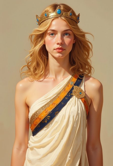 Full shot of a woman, likely a digital painting or illustration, styled as an ancient queen or goddess. 
She has shoulder-length, rich golden-blonde wavy hair.  A golden crown, adorned with blue gemstones, rests atop her head. 
Her facial features are delicate and symmetrical, with light-colored skin, striking blue eyes, and full, rosy-colored lips.  Her expression is serene and composed. 
She is wearing a flowing, off-white robe or toga-style garment with a decorative border. The border features bands of orange-yellow and navy blue, with intricate, stylized patterns interspersed.  
The lighting in the image is soft and warm, casting gentle shadows and highlighting the woman's form and the details of her attire. The background is a muted, light beige color., <lora:FLUX-daubrez-DB4RZ-v2:0.9> DB4RZ, DB4RZ style painting, <lora:ImpurePores:0.85> xlr_skin,