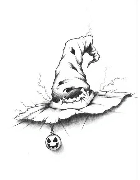 Halloween_Art_Style_Concept, A black-and-white sketch of an old, tattered witch hat. The brim is torn and jagged, with a crooked, twisted point that curls at the top. Spooky, ghostly mist seeps from within, while a small, sinister jack-o’-lantern charm dangles from the brim. Shadows give the hat a creepy, cursed vibe.