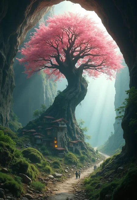 cinematic film still photography, cave, fantasy intricate gigantic single grand tall Sakura tree, village built on it roots, centered, super stylized, volumetric lighting, soft rays of light, shallow depth of field, vignette, highly detailed, bokeh, moody, epic, gorgeous, film grain, grainy
