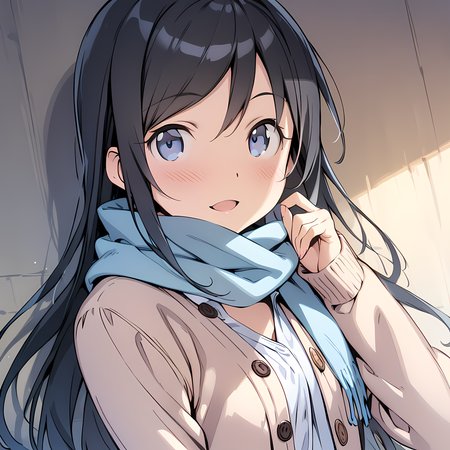 (masterpiece),(best quality),(ultra-detailed),(best illustration),(best shadow),(absurdres),(detailed background),(very aesthetic), ayase aragaki, 1girl, solo, long hair, black hair, scarf, open mouth, blue eyes, blush, smile, cardigan <lora:Ayase_Aragaki_-_Oreimo:1>